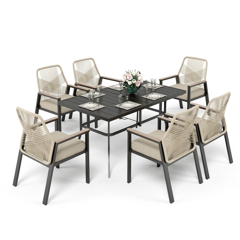 7-Piece Patio Dining Set 59" Rectangle Dining Table with 6 Wicker Armchairs