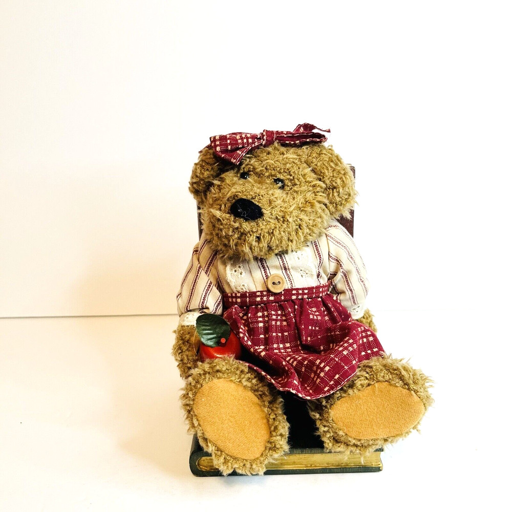 Teddy Bear Plush Wooden Bookends Pair Vintage