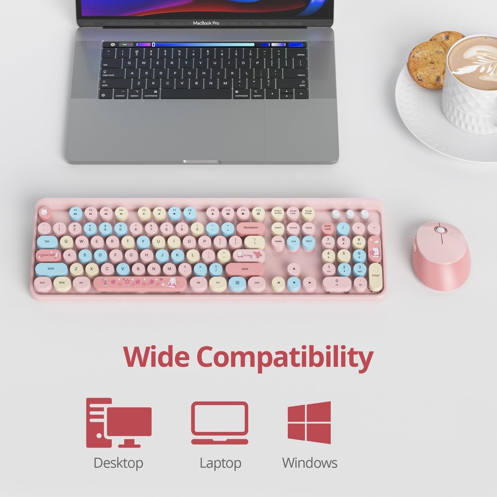 Pink Typewriter Keyboard and Mouse Combo 2.4GHz Wireless Full-Size Cute