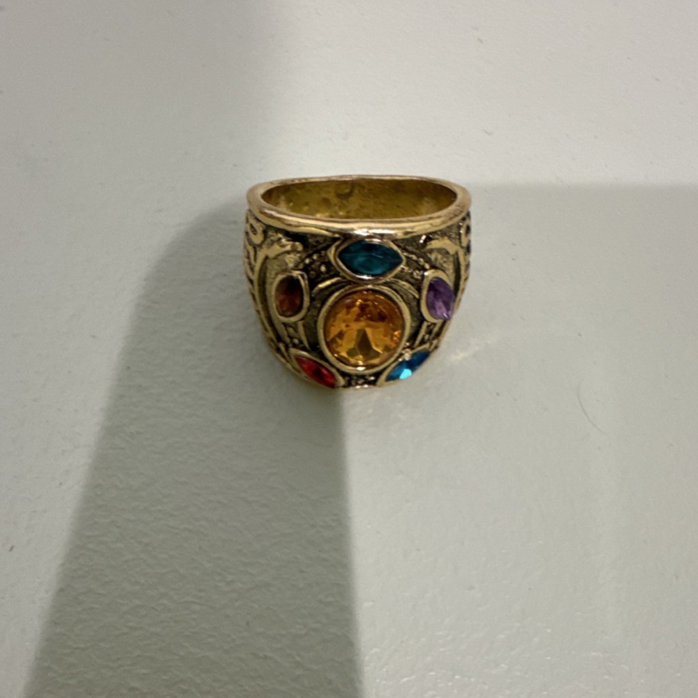 Marvel Thanos Infinity Gauntlet Cosplay Ring Gold Tone Colored Stones