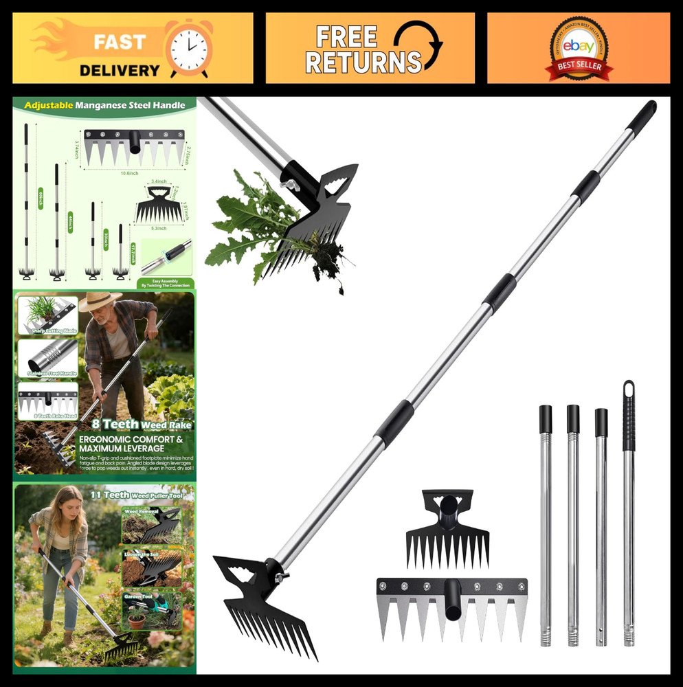 60" Long Handle Weed Puller Tool - 3-in-1 Heavy Duty Weeding Rake & 2 Heads for