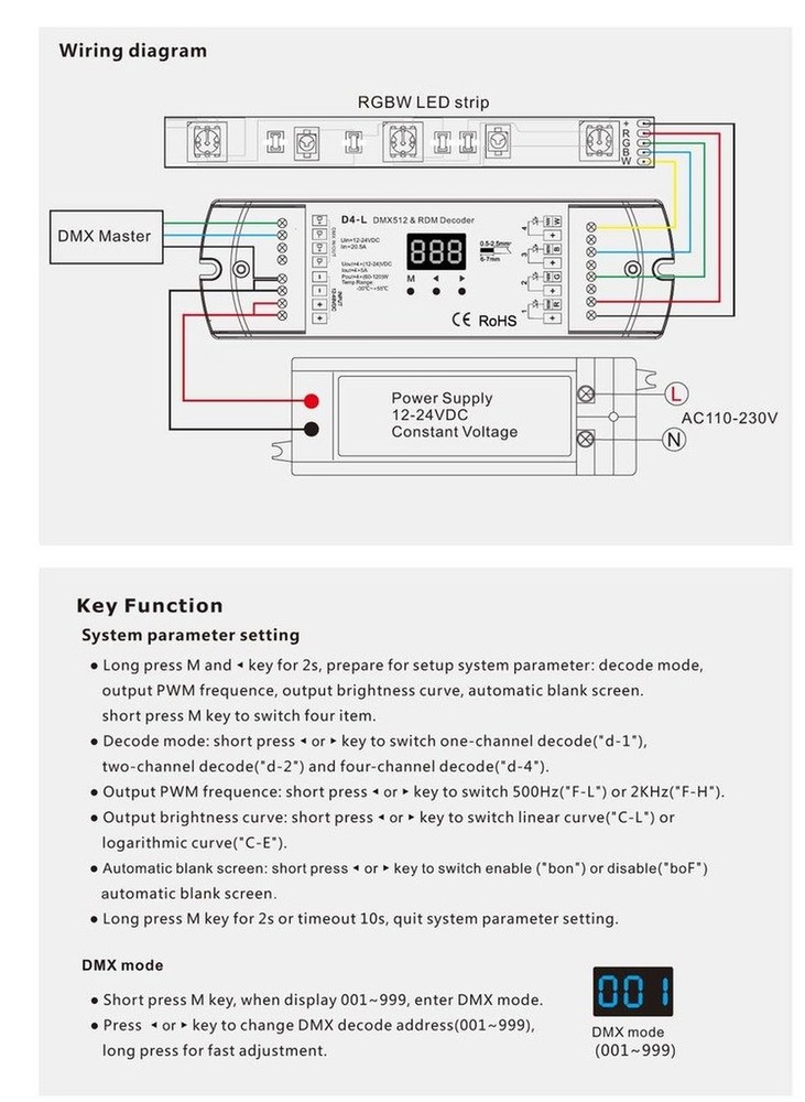 4CH 5A/CH Constant Voltage DMX512 & RDM Decoder RGBW Controller 4 Channel Dim...