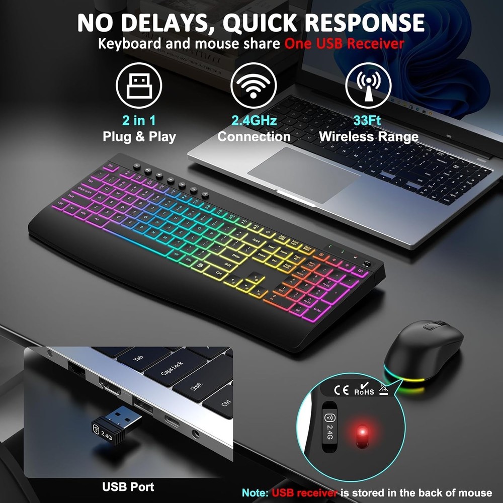 Wireless Keyboard and Mouse, 9 Backlit Effects with Wrist Rest, 6 Button Mouse