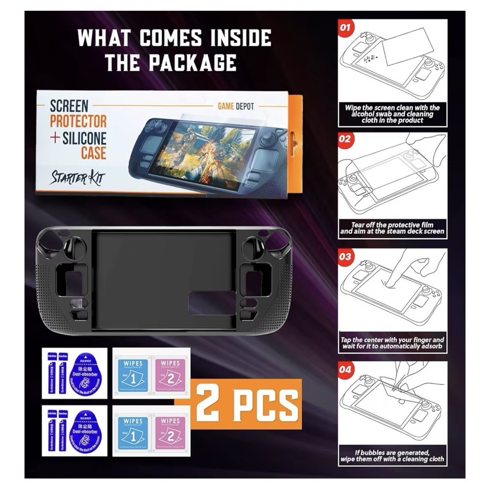 Steam Deck Screen Protector and Case Bundle - 2x Glass Screen Protectors and 2x