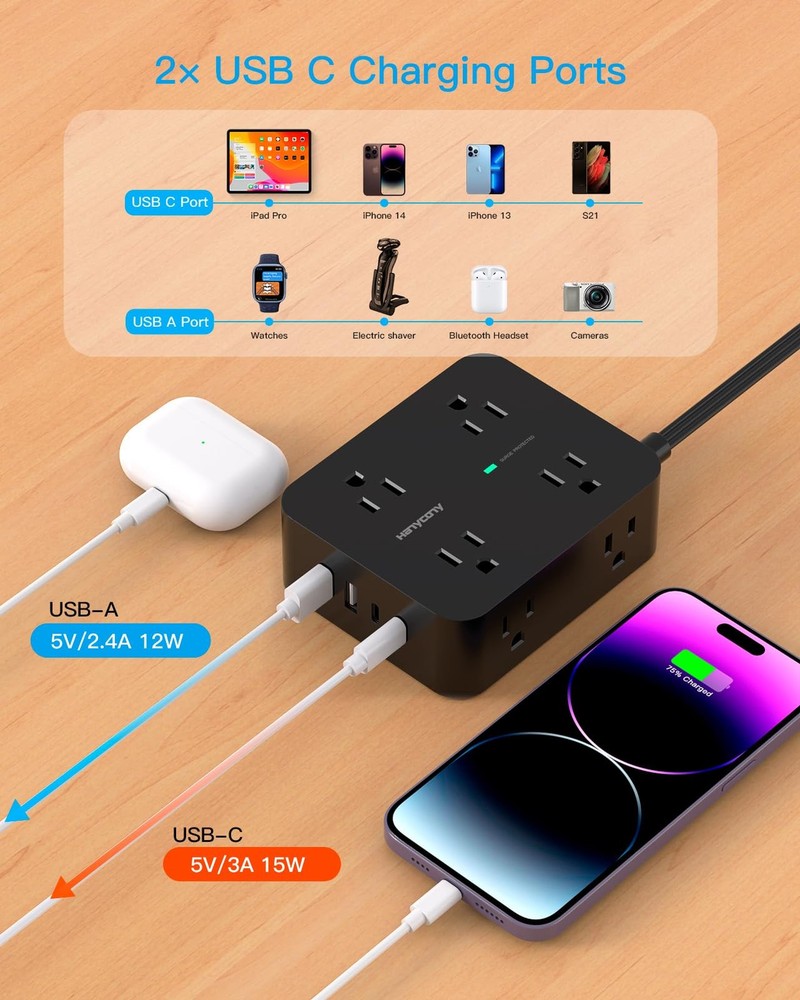 Power Strip Surge Protector, 5Ft Ultra Thin Flat Extension Cord with Multiple...