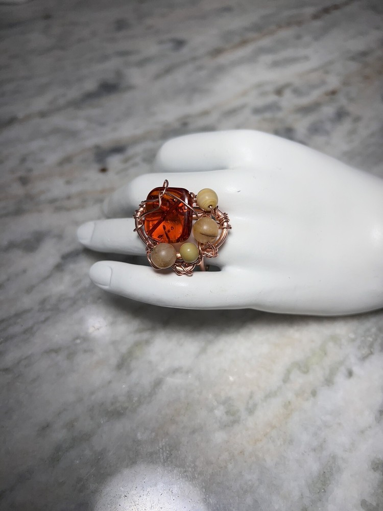 Artisan Hand Made Copper Ring With Amber, Size 6.5