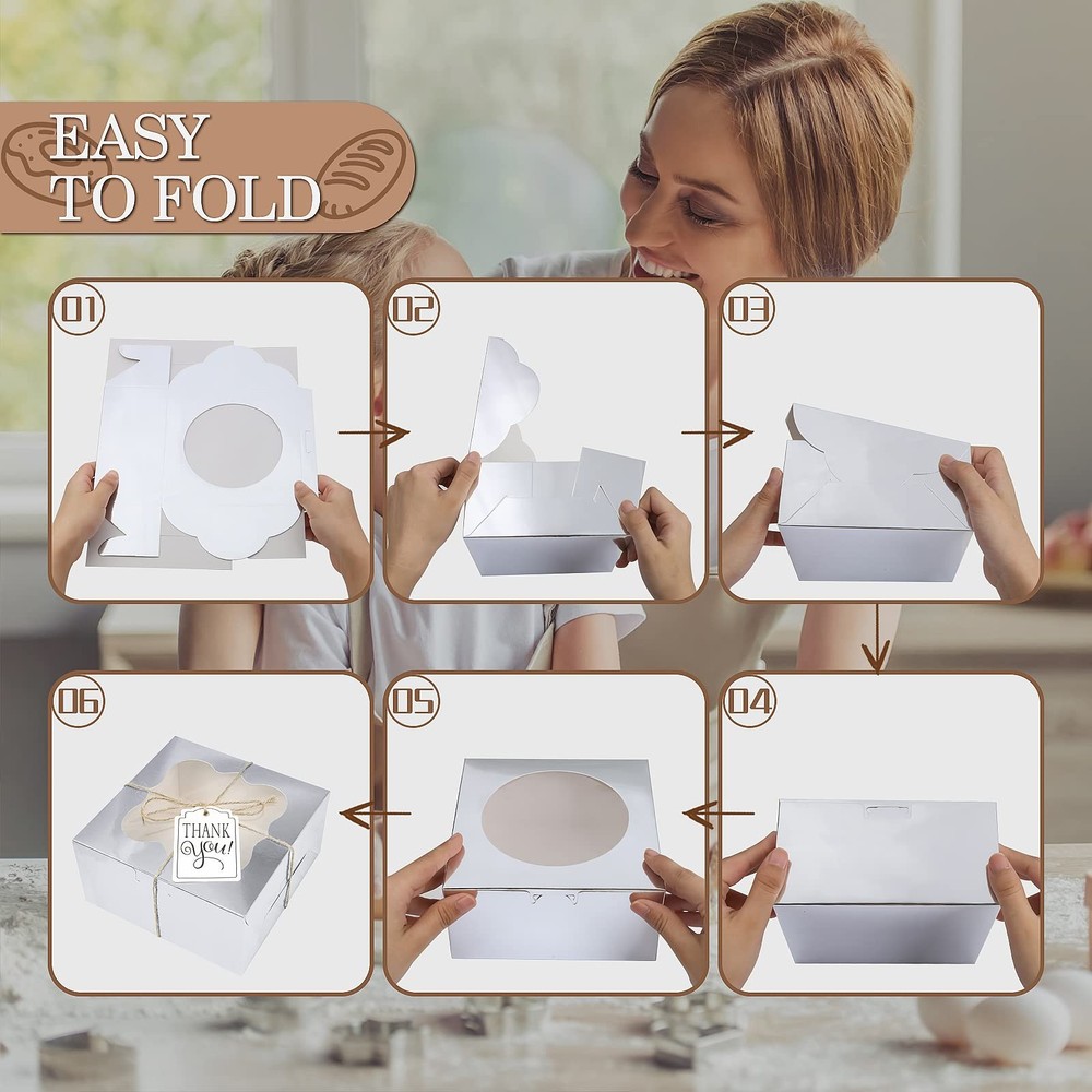 65 PCS 6x6x3 inch 5-Style Bakery Boxes with Window Silver Cookie Boxes