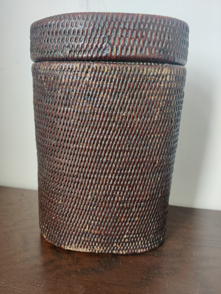 Superb Antique Japanese Wicker Ware Container Lidded Storage Box