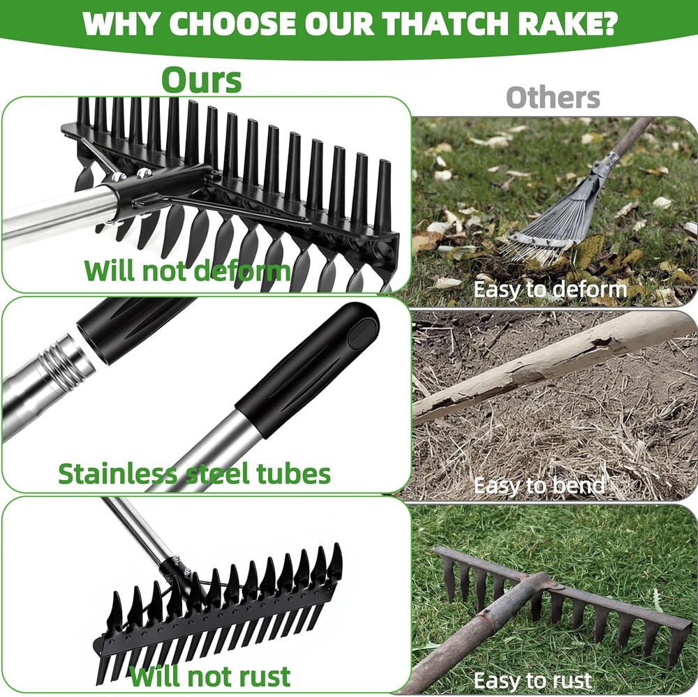 Thatch Rake for Lawns 36-63'' Stainless Steel Adjustable Handle for Dethatching