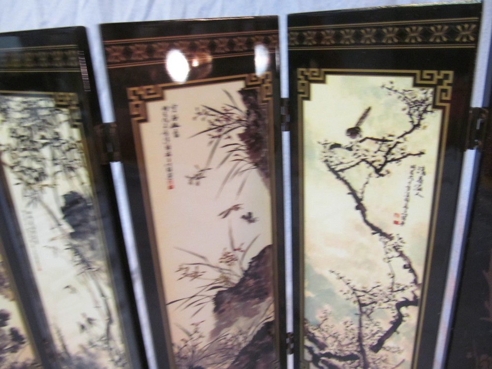 CHINESE 6 PANEL FOLDING BLACK LACQUER DESK SCREEN MUME ORCHID BAMBOO
