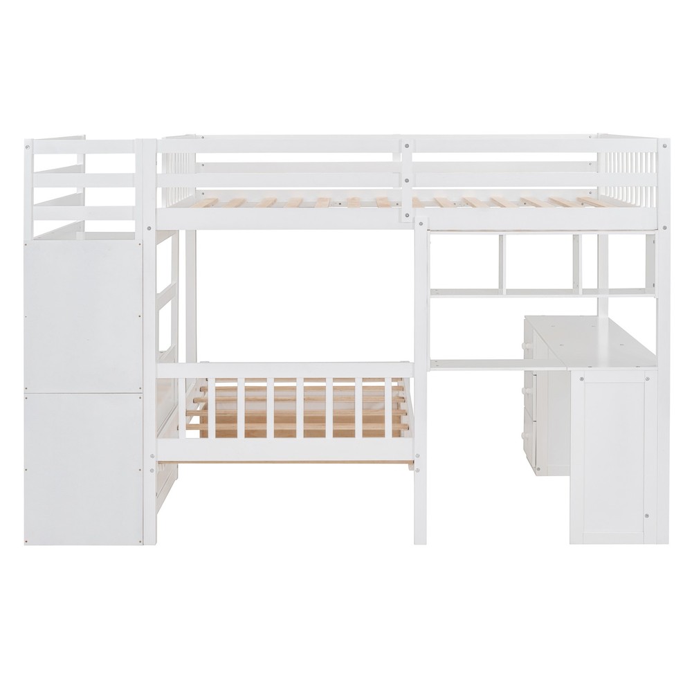 Twin Bunk Bed with Desk, Drawers & Bookcase, White Solid Wood Storage