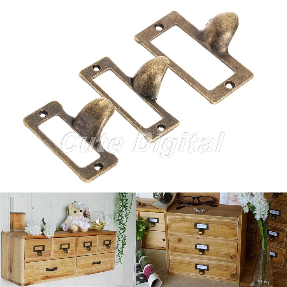 6pcs Antique Brass Cabinet Drawer Label Tag File Name Holder Frame Pull Handle