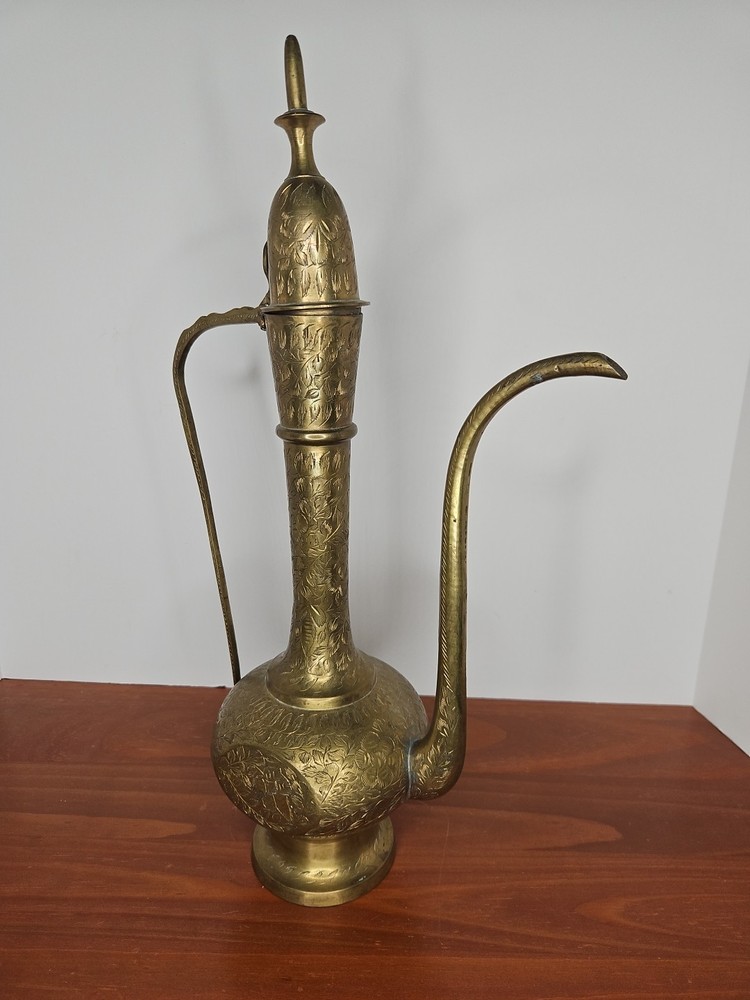 vintage Brass pitcher lidded Dallah Engraved