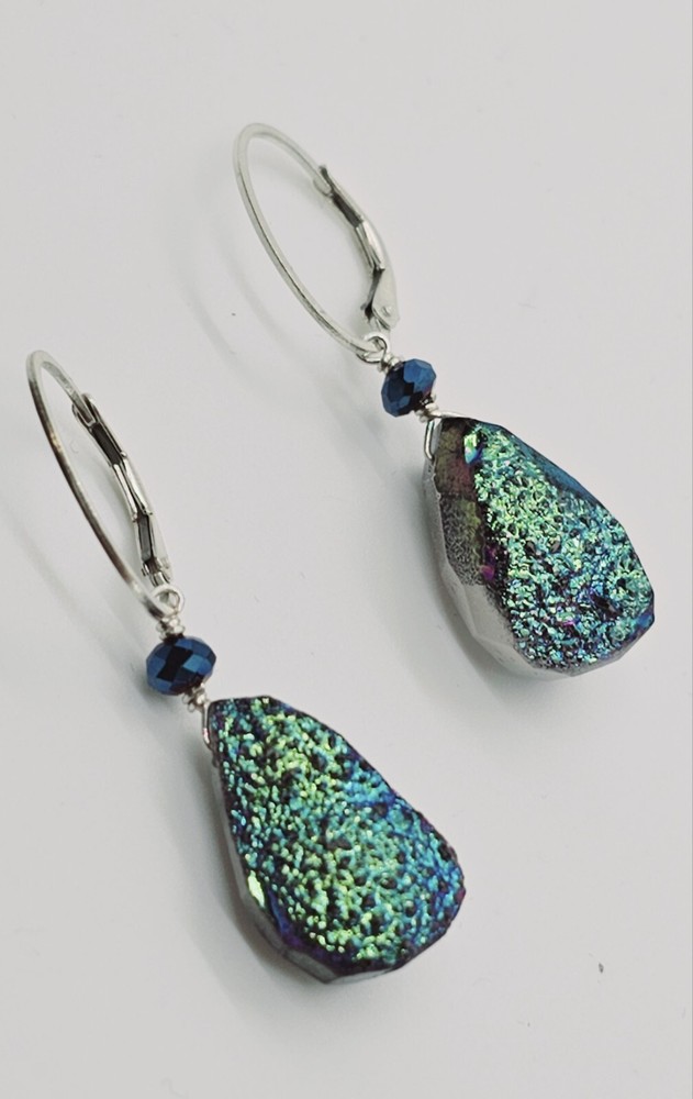 Peacock Druzy Sterling Silver Artisan Earring