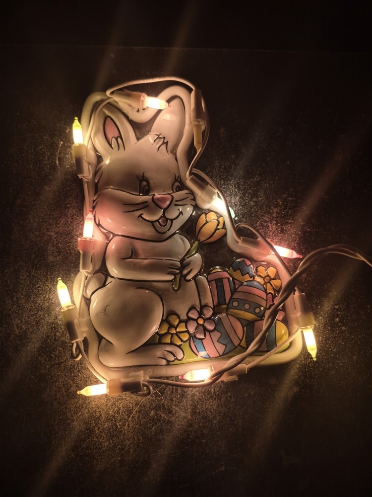 7x5 Bunny Rabbit W/Easter Eggs Window Decor with Pastel Lights+New Pin & Patch