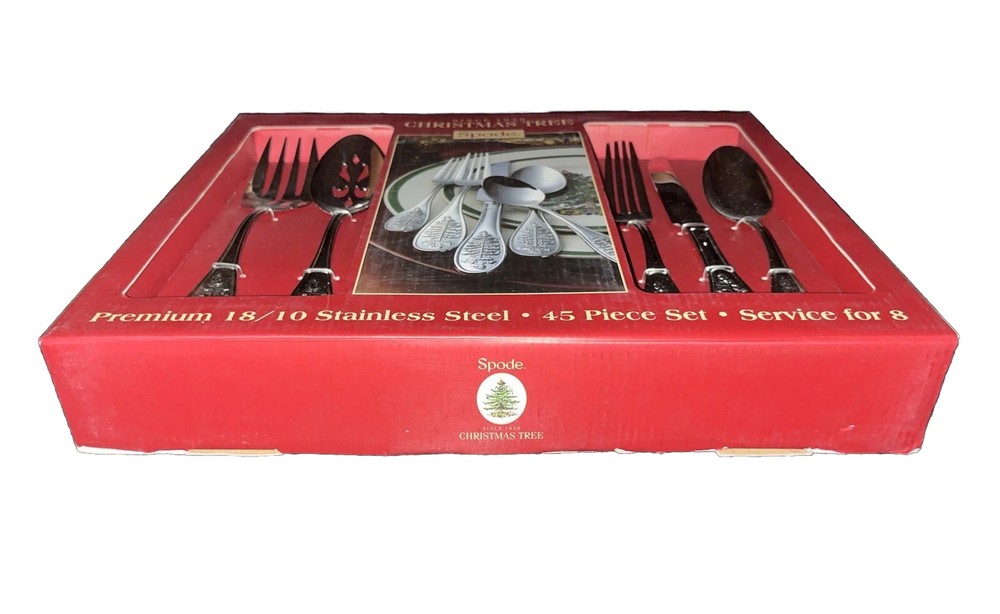 NIB Spode BIG Christmas Tree 18/10 Stainless 45 Pc Flatware Set (Service for 8)