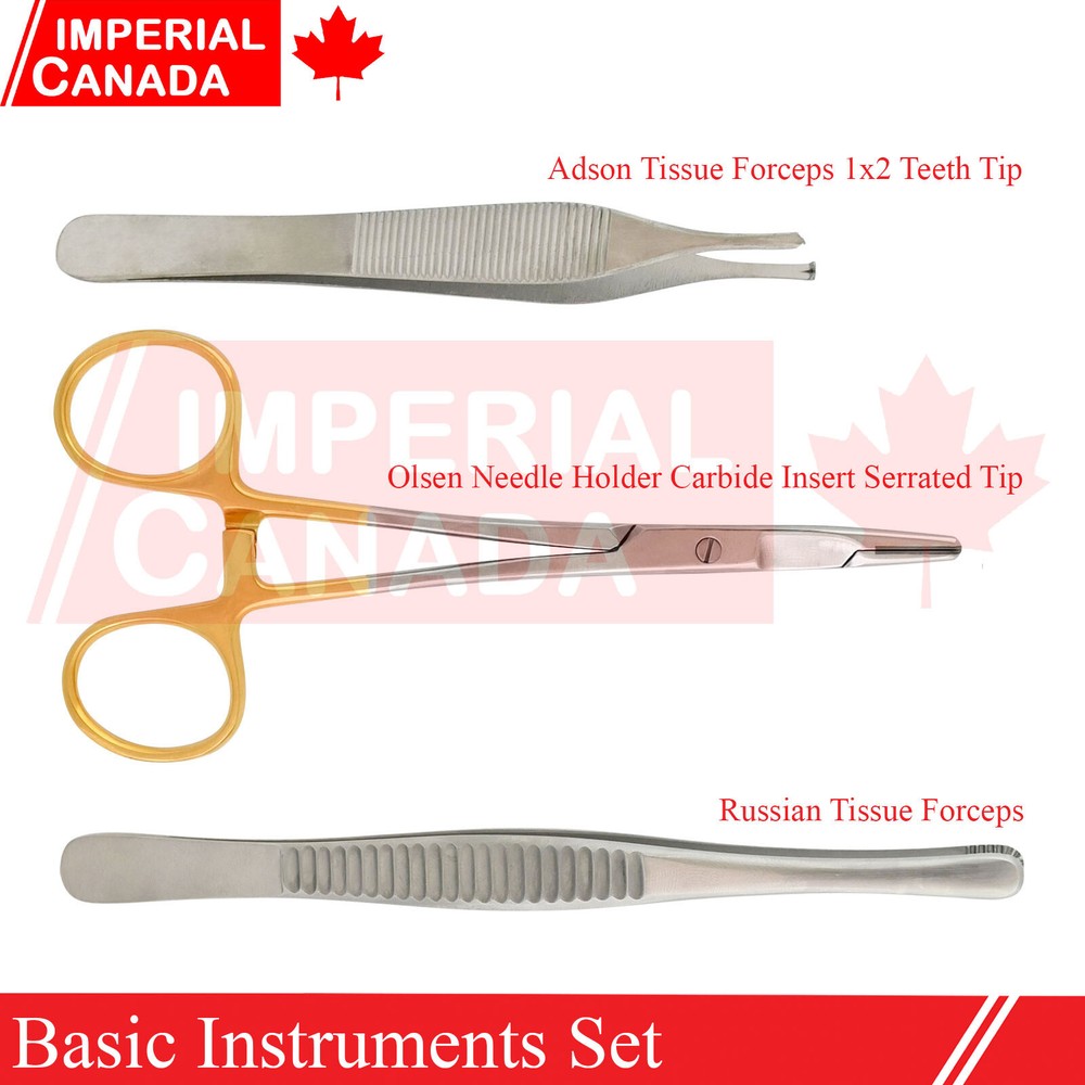3 Pcs Basic Instruments Set Adson Russian Forceps TC Needle Holder DS-1959