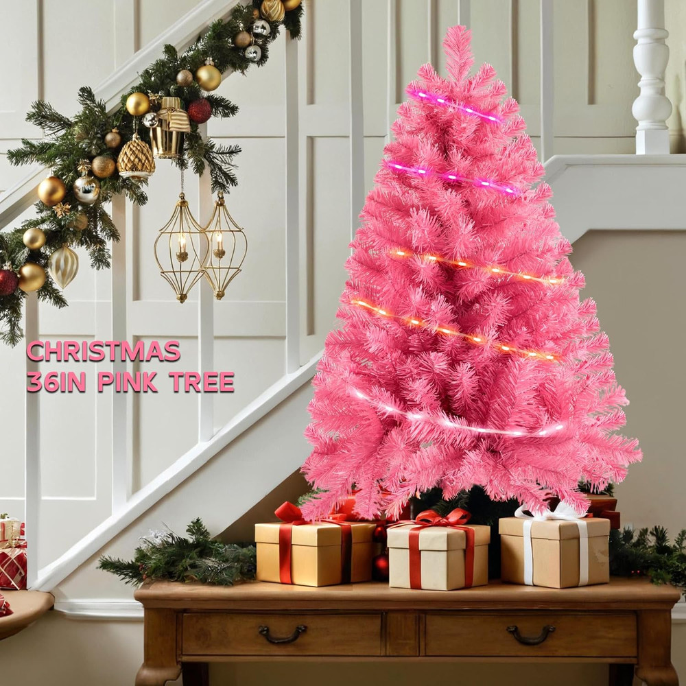 Pink 3Ft Christmas Tree with Lights, Small 36Inch Artificial Tree Mini Table Top