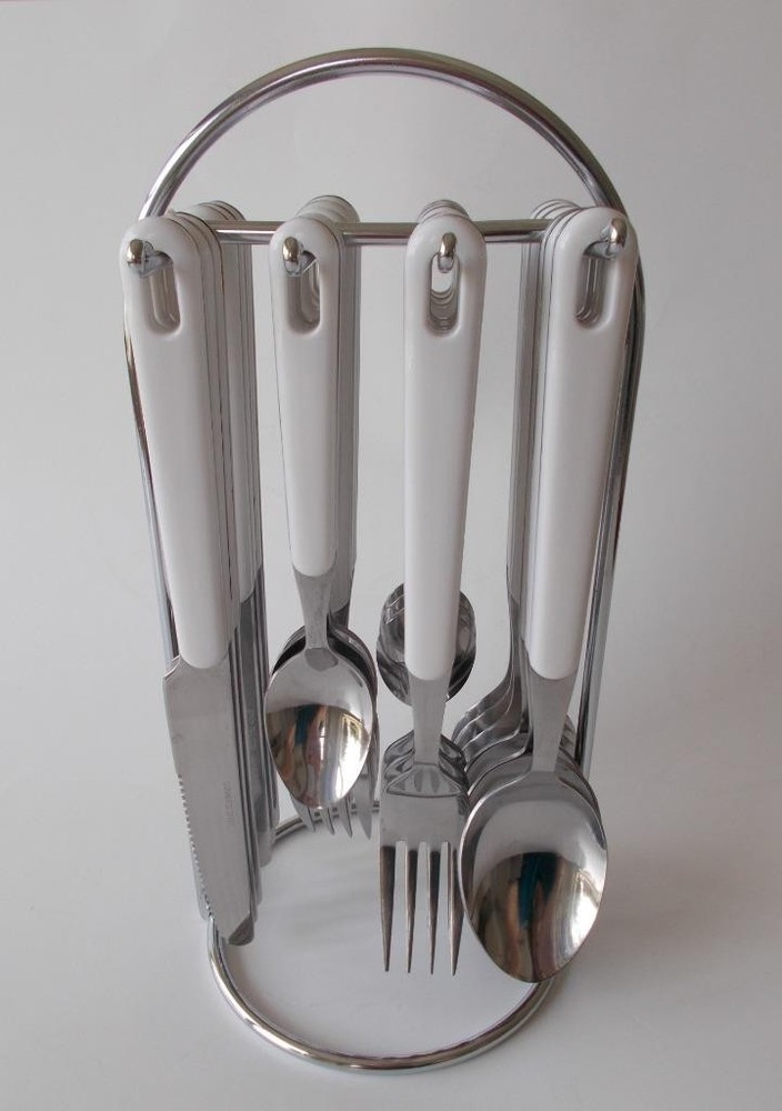 24 Pieces White Handled Stainless Steel Flatware With Stand Holder