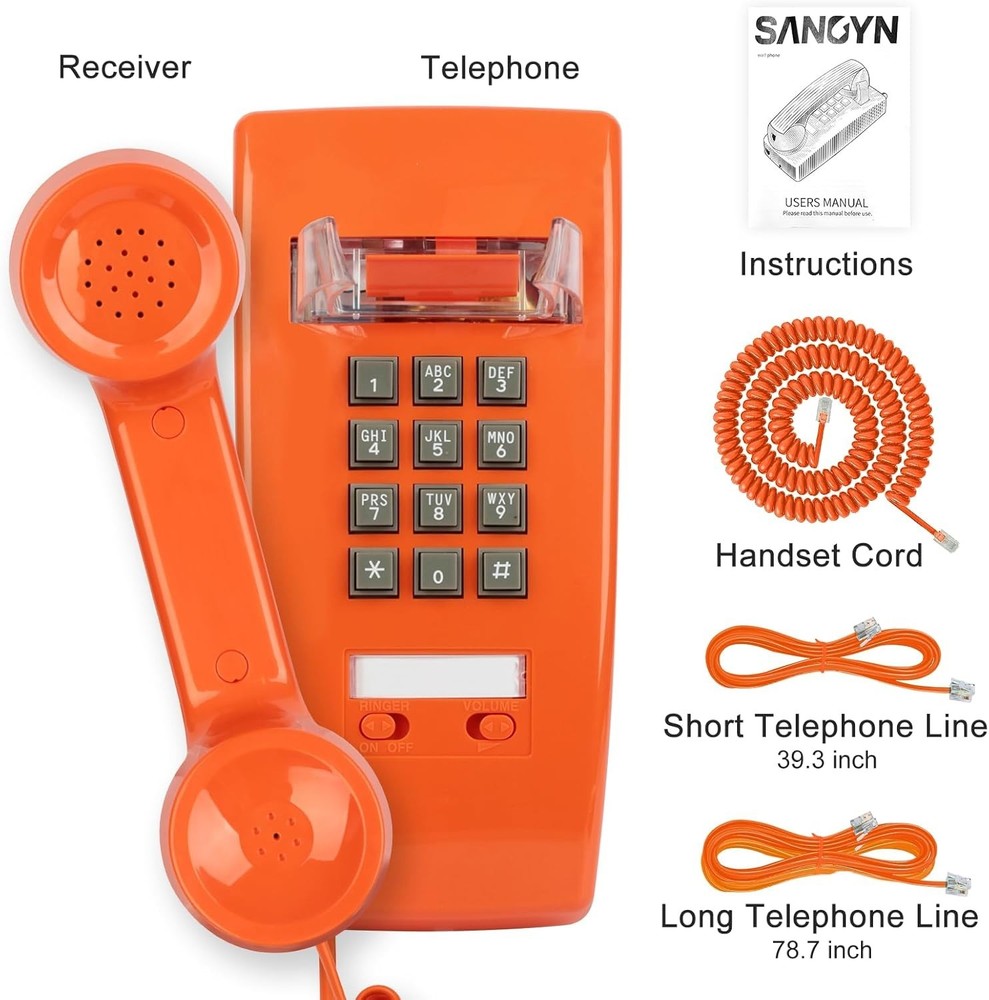 Classic Orange Wall Phone, Loud Mechanical Ring=