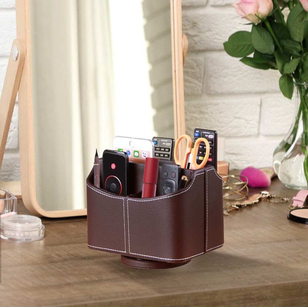 Leather Remote Control Holder, 360 Degree Spinning Desk TV Remote Caddy/Box, ...