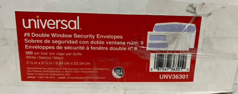 Universal UNV36301 #9 Gummed Double Window Security Envelope, 500/Box