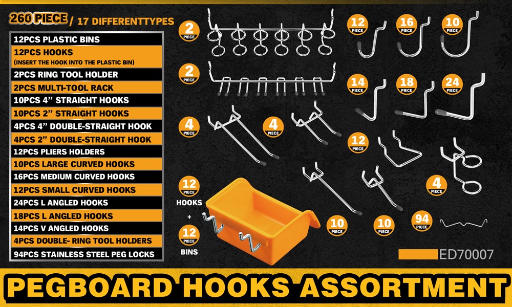 260Pcs Pegboard Hooks Kit Organizer Various Tools Garage Kitchen Bathroom Craft