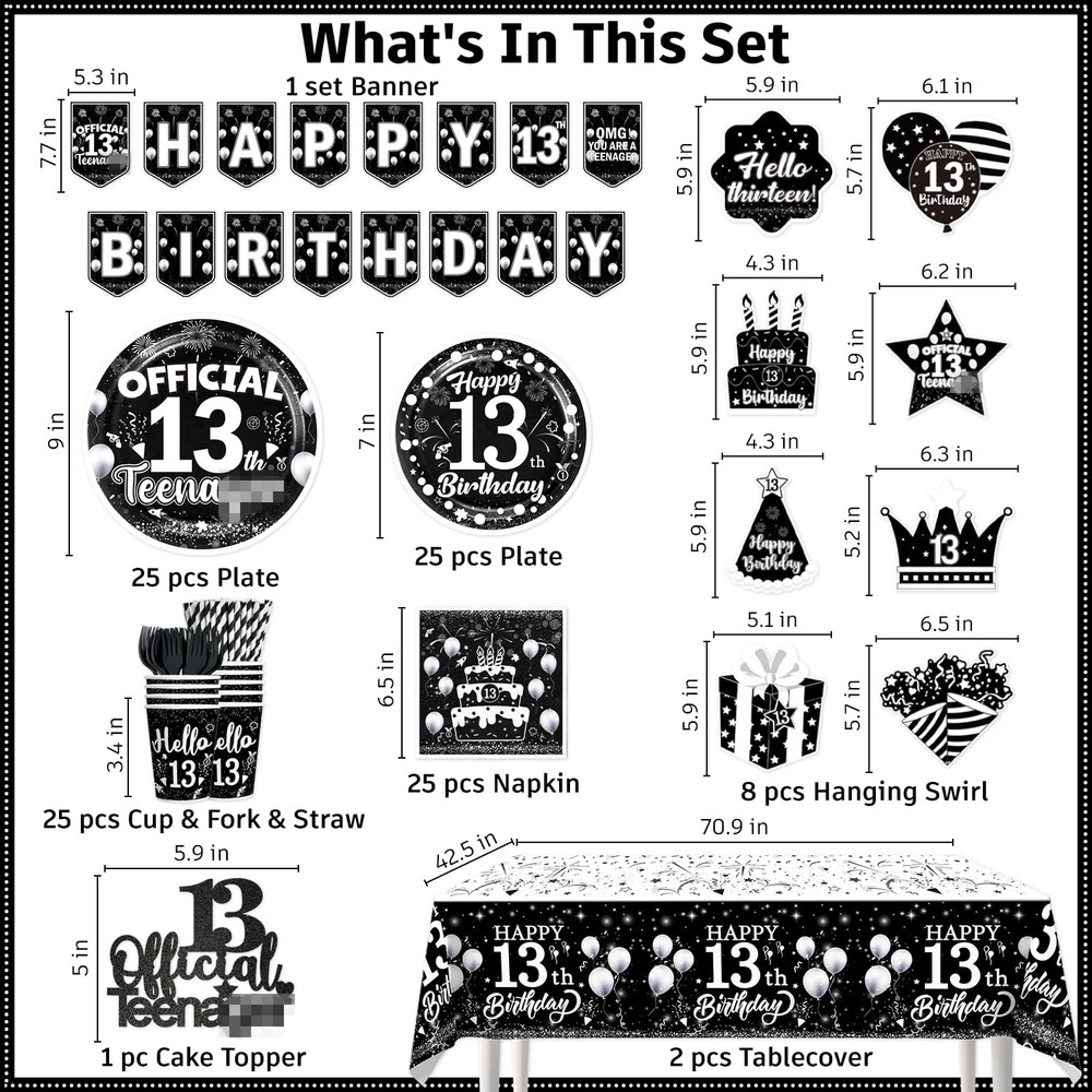 170pcs 13th Decorations for Boys Tableware Set, Black Themed 13th Plates and ...