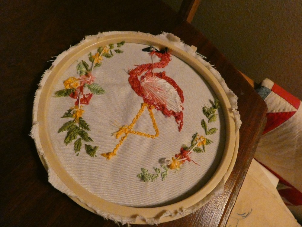 Flamingo Hand Embroidered Panel Vintage