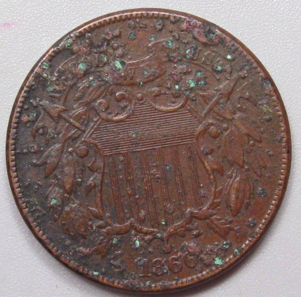 1866 US 2¢ Two Cent Piece -XF but Corroded-