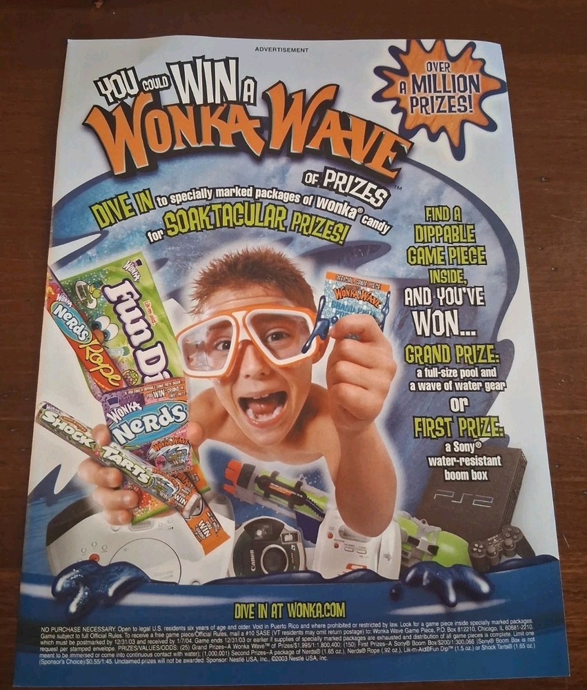 Wonka Candy Wave Sweepstakes  Vintage Print Ad 8x11 2004