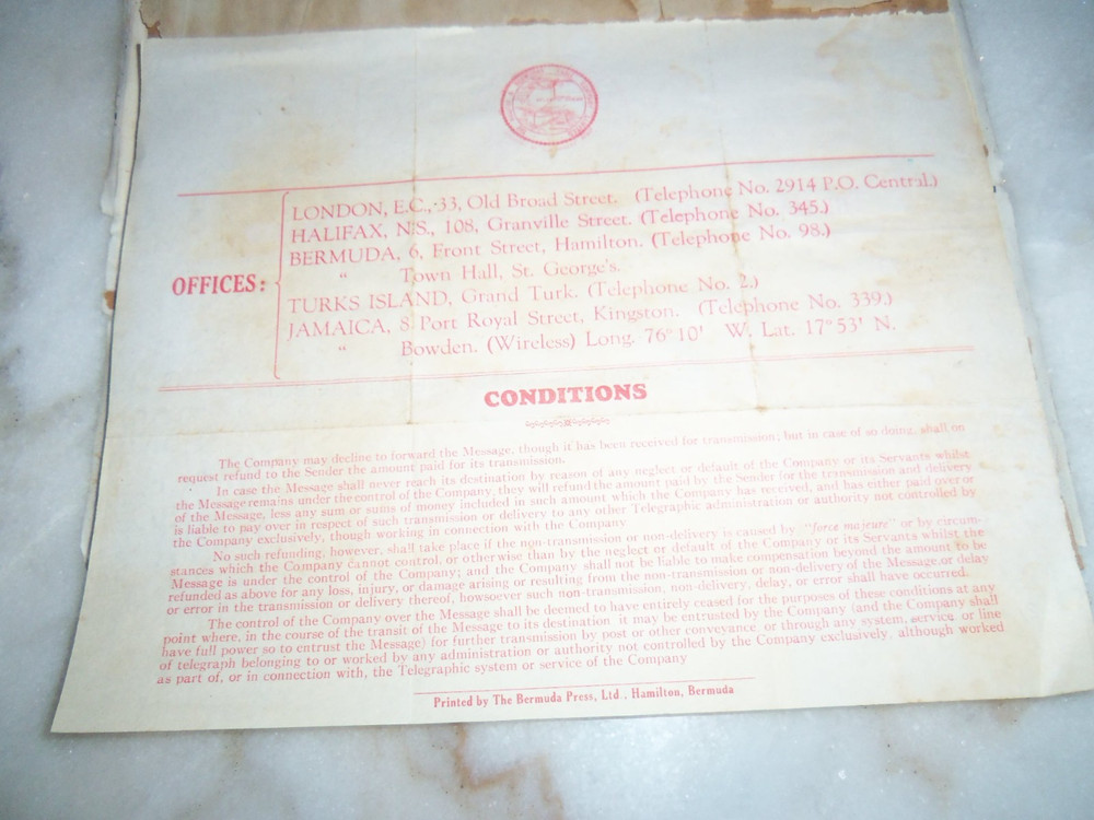 1939 Telegram To General Doolittle From Bermuda LOOK!