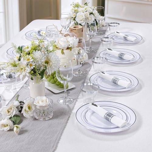 350PCS Silver Plastic Dinnerware Set for 50 Guests, 350PCS（50 Guests) A Silver