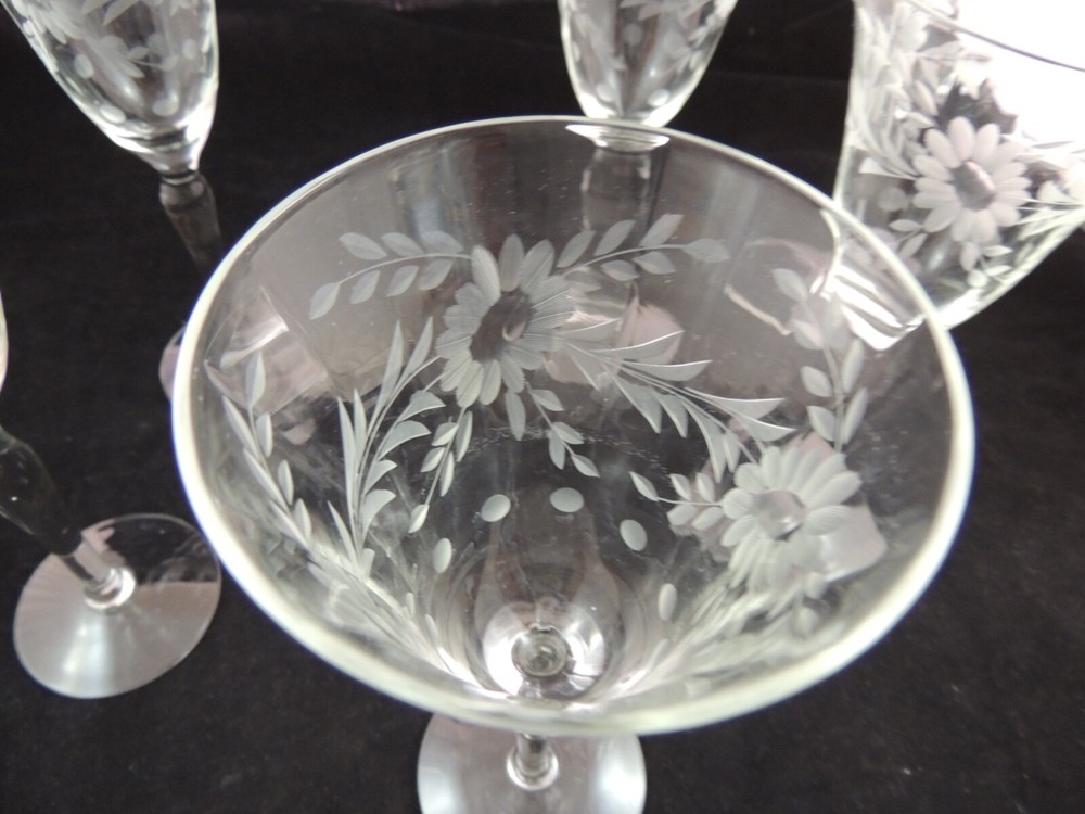 Unknown maker Water Goblet Etched Glass Optic Floral Etched