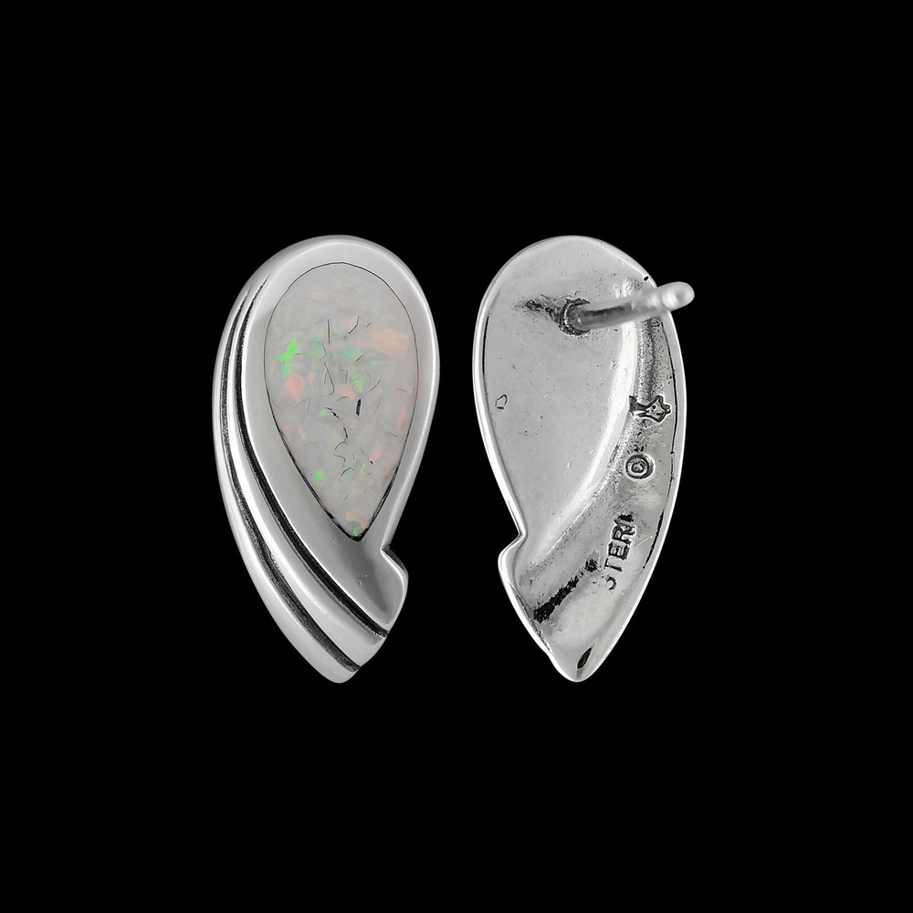 925 Sterling Silver Stud Earrings • Teardrop Shape • White Opal Gems