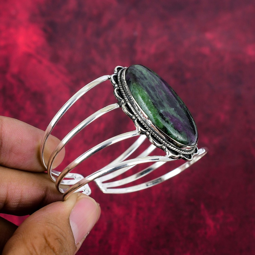 Ruby Zoisite Gemstone 925 Sterling Silver Handmade Adjustable Bangle Jewelry
