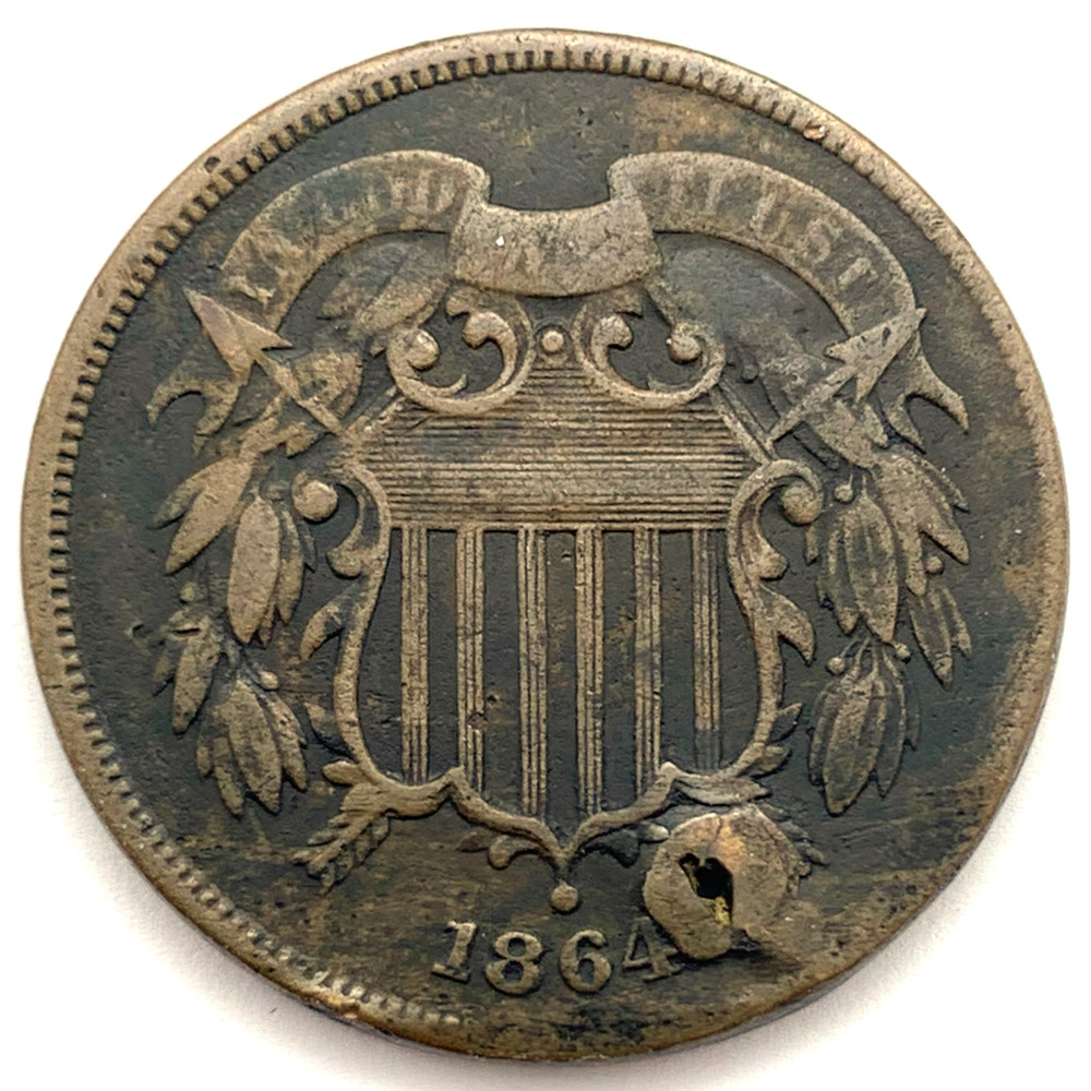 1864 Largo Motto 2C Two Cent Piece: Holed