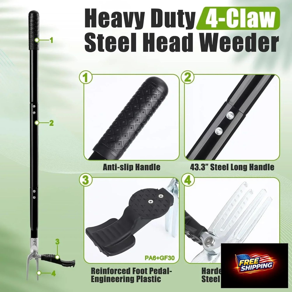 Stand Up Weed Puller Tool, 4-Claw Steel Head Heavy Duty Weeder, Adjustable Long