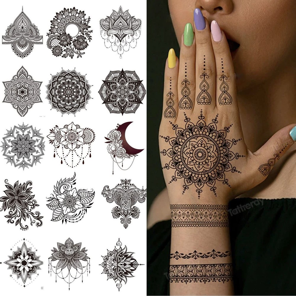 Henna Tattoos -20 Sheets Flower Temporary Medium, black