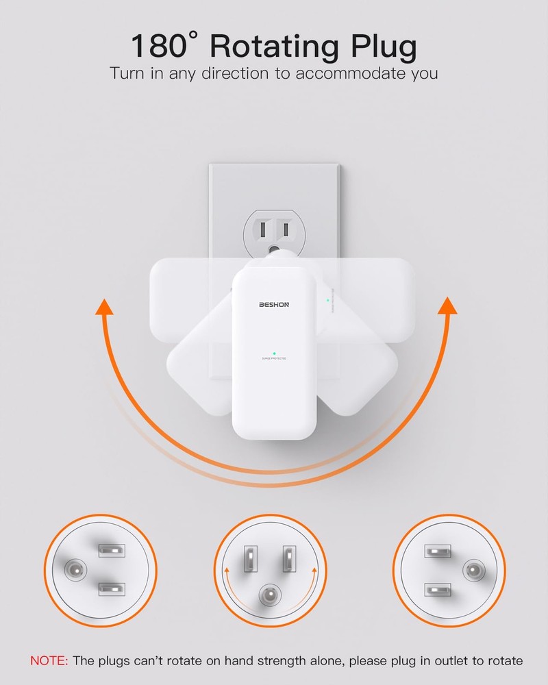 Surge Protector Outlet Extender- with Rotating Plug,6 AC Multi Plug White