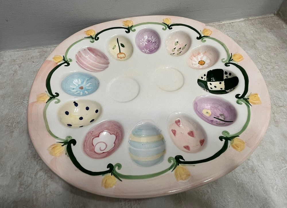 Easter Deviled Egg Floral Ceramic Plate Hand Painted Heavy High End Decor