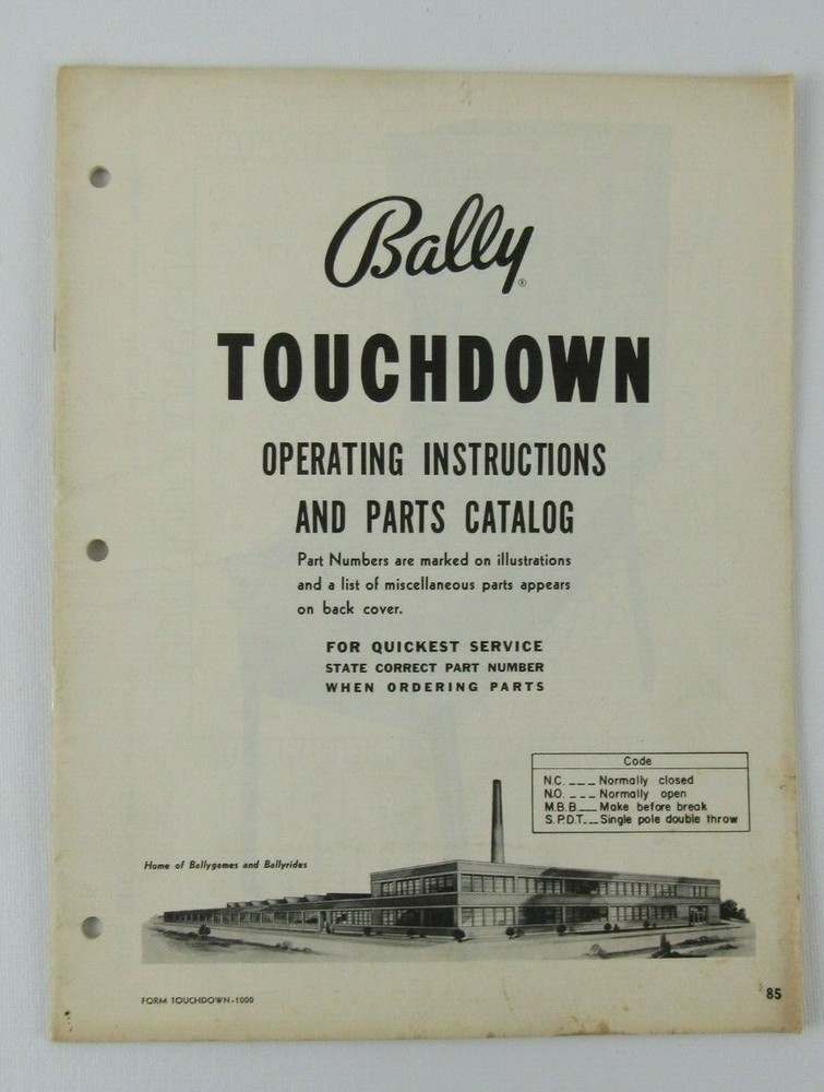 Original Bally Touchdown Pinball Machine Operating Instructions & Parts Catalog