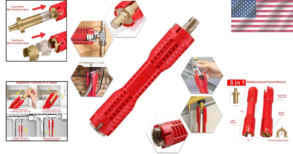 Multi-purpose Wrench Plumber Tool - Red, 8-in-1