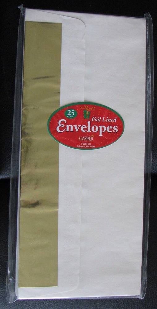 NEW, GARTNER FOIL LINED ENVELOPES, IVORY/GOLD, 25 COUNT