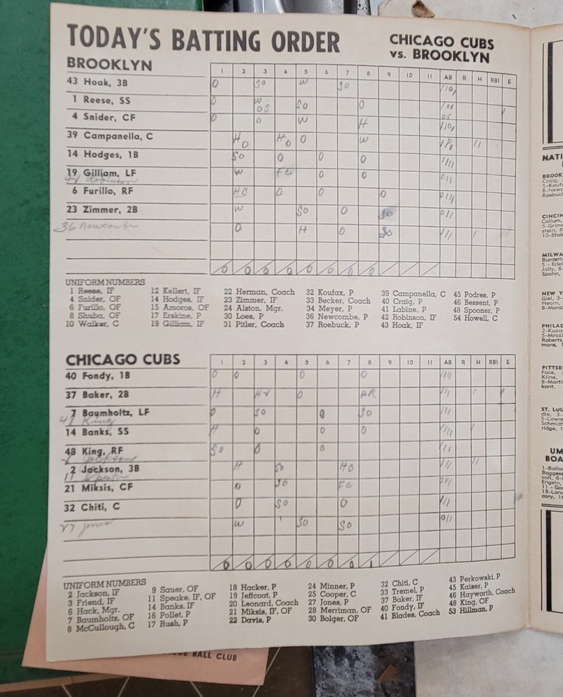 WOW!!! 1955 Brookly @ Cubs Program Scorecard