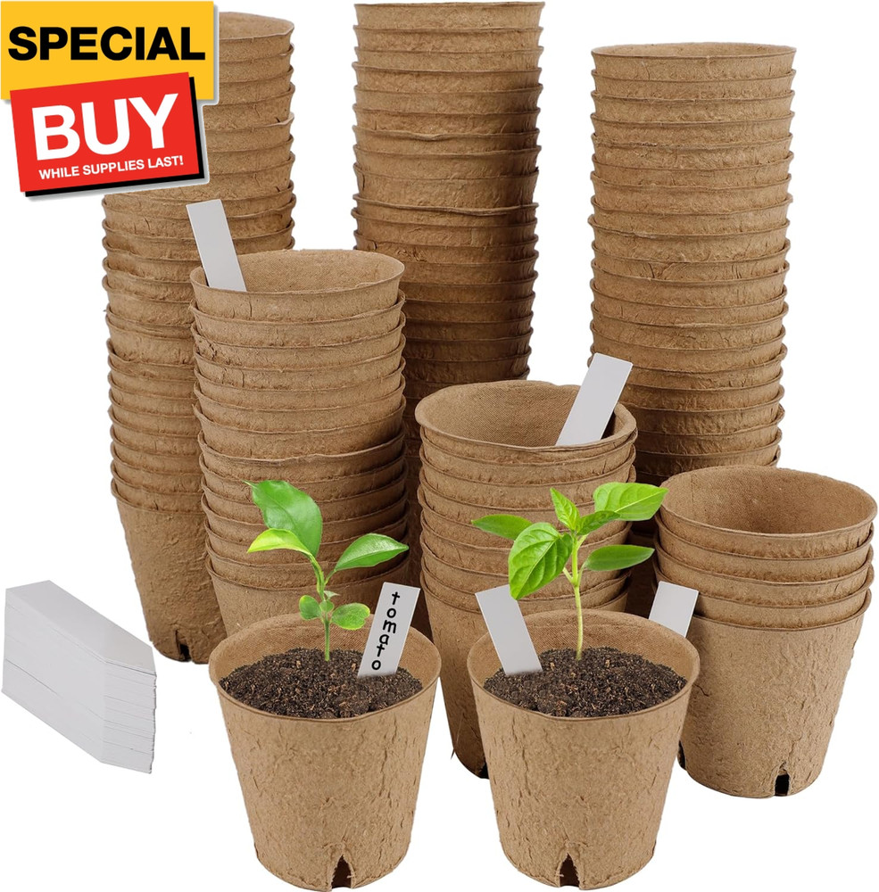 100 Pack Seed Starter Tray Kit, Biodegradable Peat Pots for Seedling with 100 Pl