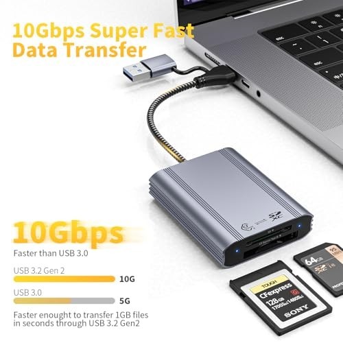 Dual-Slot CFexpress Type B & SD Card Reader, 10Gbps USB 3.2 Adapter for iPhone,