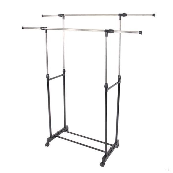 Dual-bar Vertical & Horizontal Stretching Stand Clothes Rack with Shoe Shelf