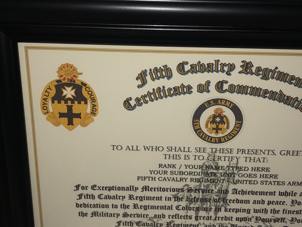 5TH U.S. CAVALRY REGIMENT / COMMEMORATIVE - CERTIFICATE OF COMMENDATION