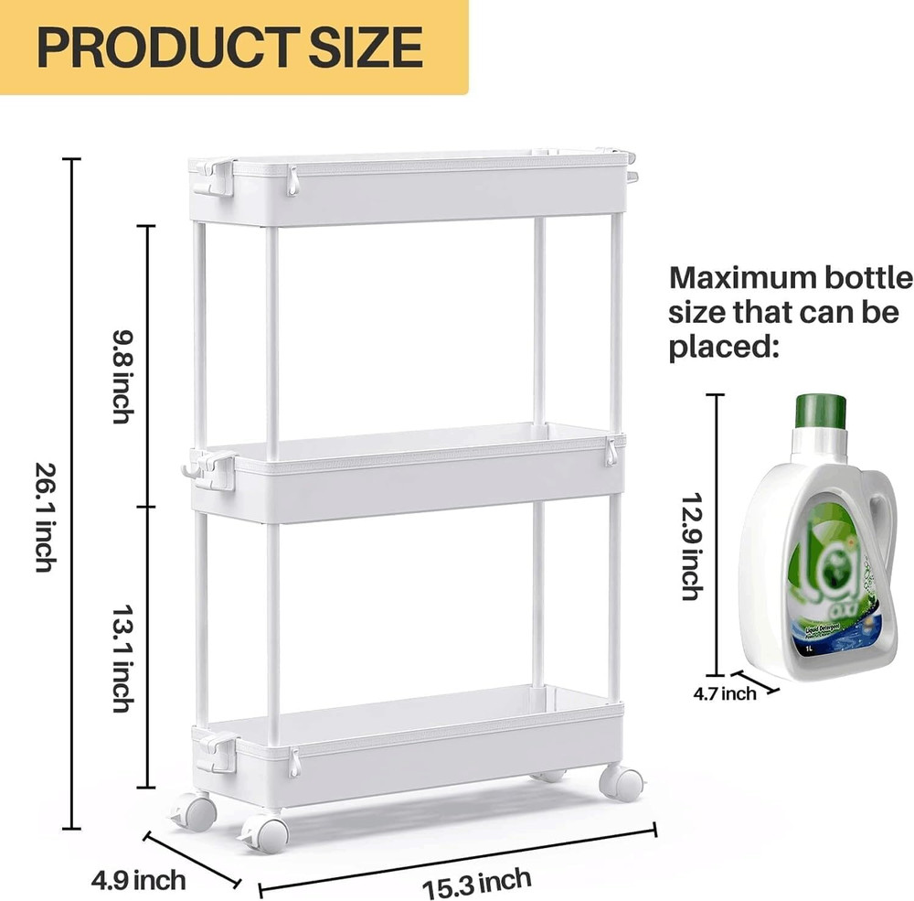 Slim Rolling Storage Cart, 3 Tier Bathroom Storage Organizer Laundry Room